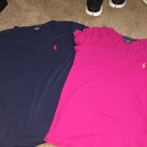 Two navy and pink polo shirts